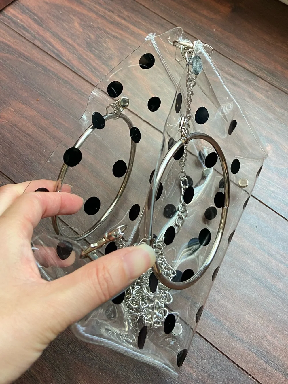 CLEAR SEE THROUGH HAND BAG BLACK POLKA DOTS ROCKABILLY